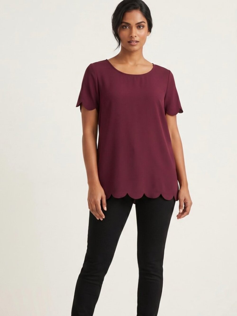 Amaryllis burgundy top with petal hem and sleeves